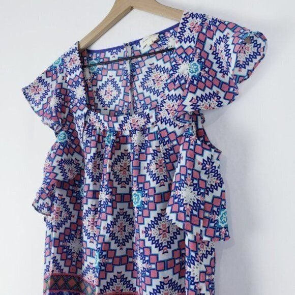 Anthropologie Meadow Rue‎ Flutter Sleeve Blouse Geometric Colorful Boho Print 6 - Picture 7 of 14